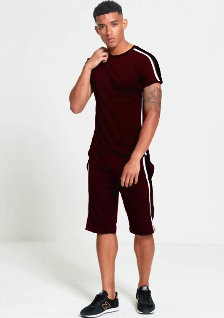 StyleRoad Maroon Solid Polycotton Sports Tees Shorts Set