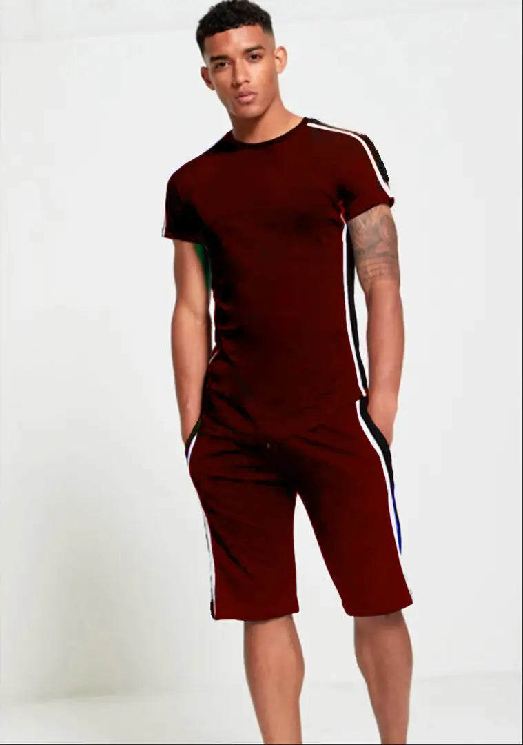 StyleRoad Maroon Solid Polycotton Sports Tees Shorts Set