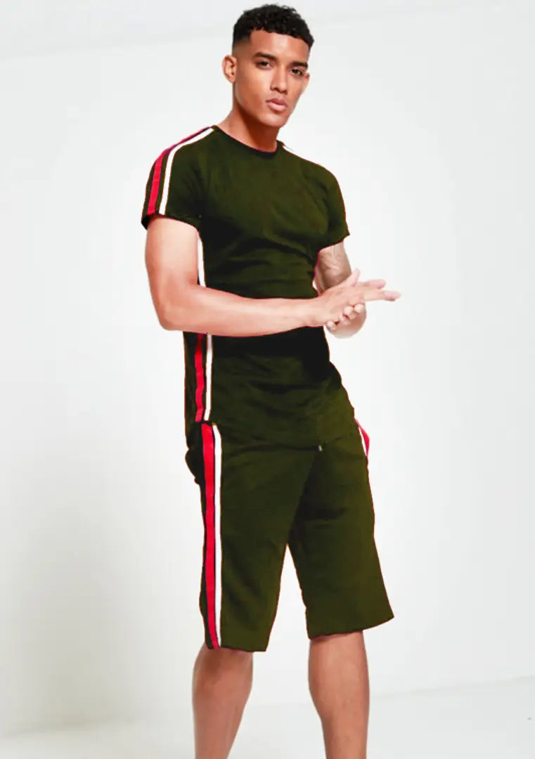 StyleRoad Olive Solid Polycotton Sports Tees Shorts Set