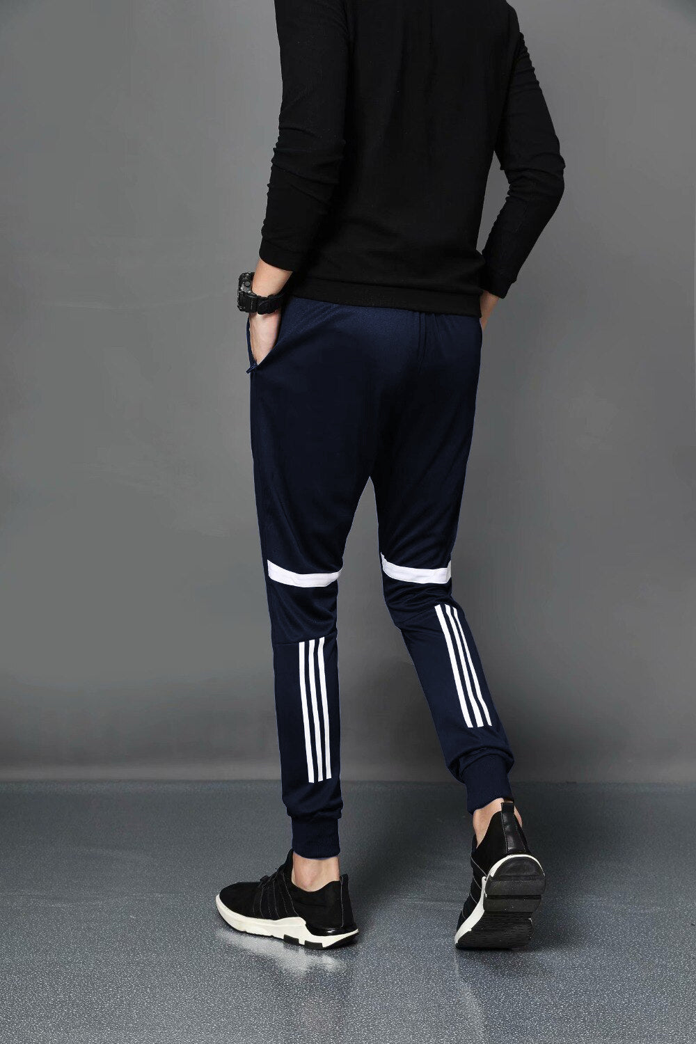 Navy Blue Striped Polyester Trendy Joggers