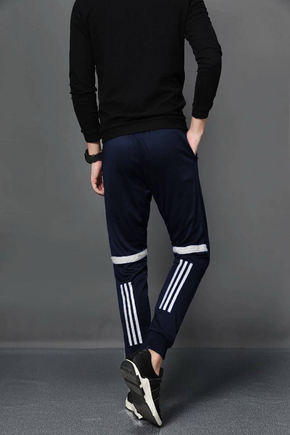 Navy Blue Striped Polyester Trendy Joggers
