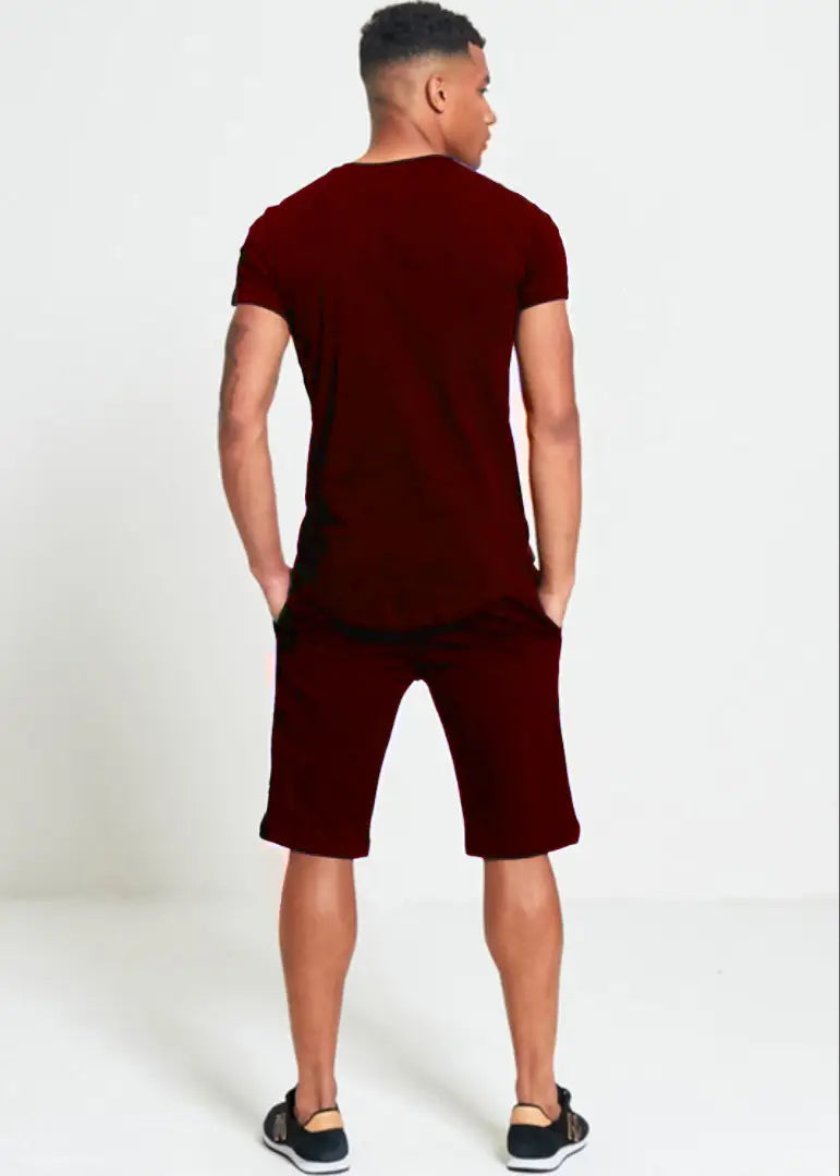 StyleRoad Maroon Solid Polycotton Sports Tees Shorts Set