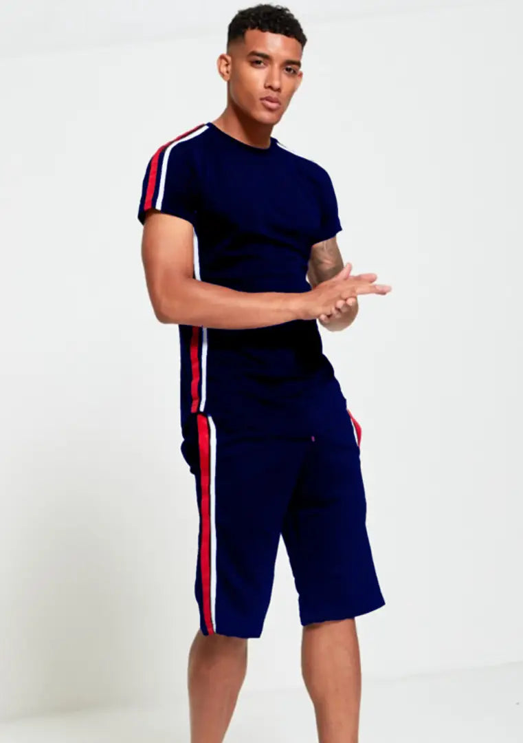 StyleRoad Navy Blue Solid Polycotton Sports Tees Shorts Set