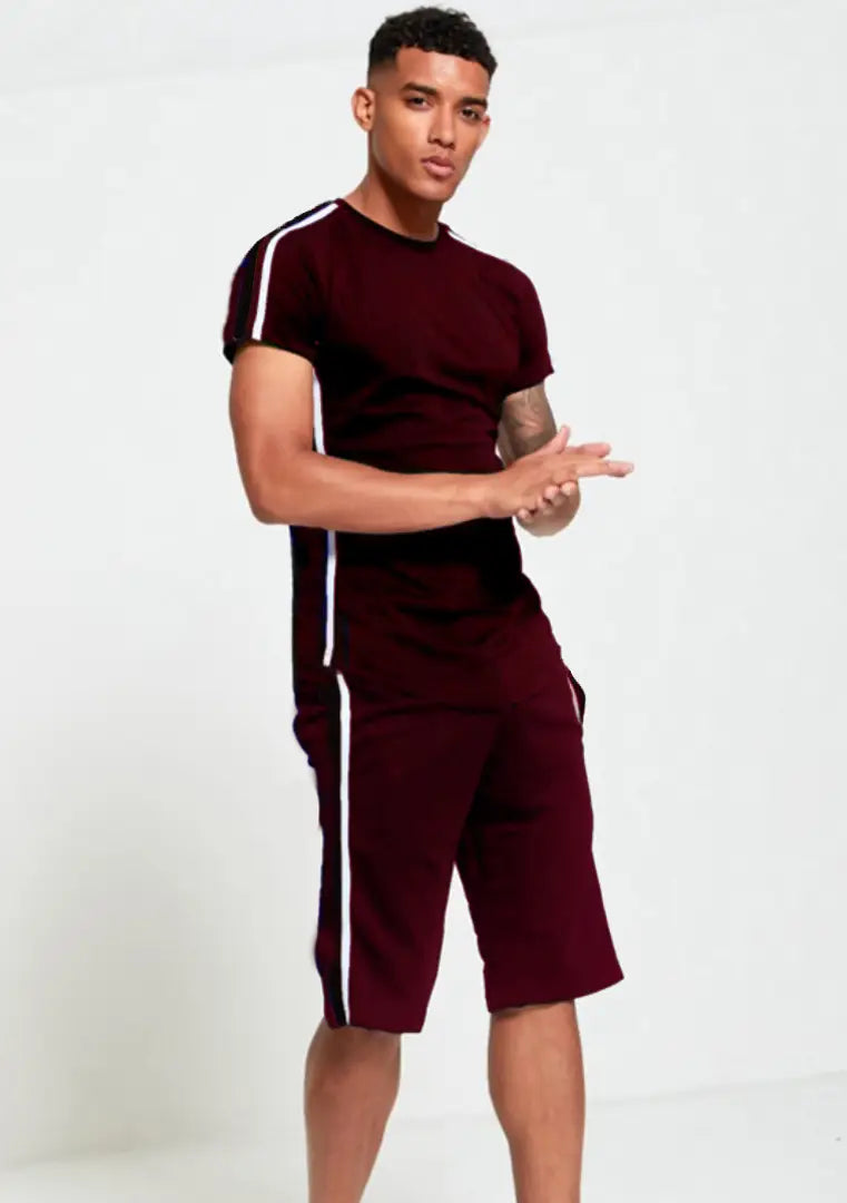 StyleRoad Maroon Solid Polycotton Sports Tees Shorts Set