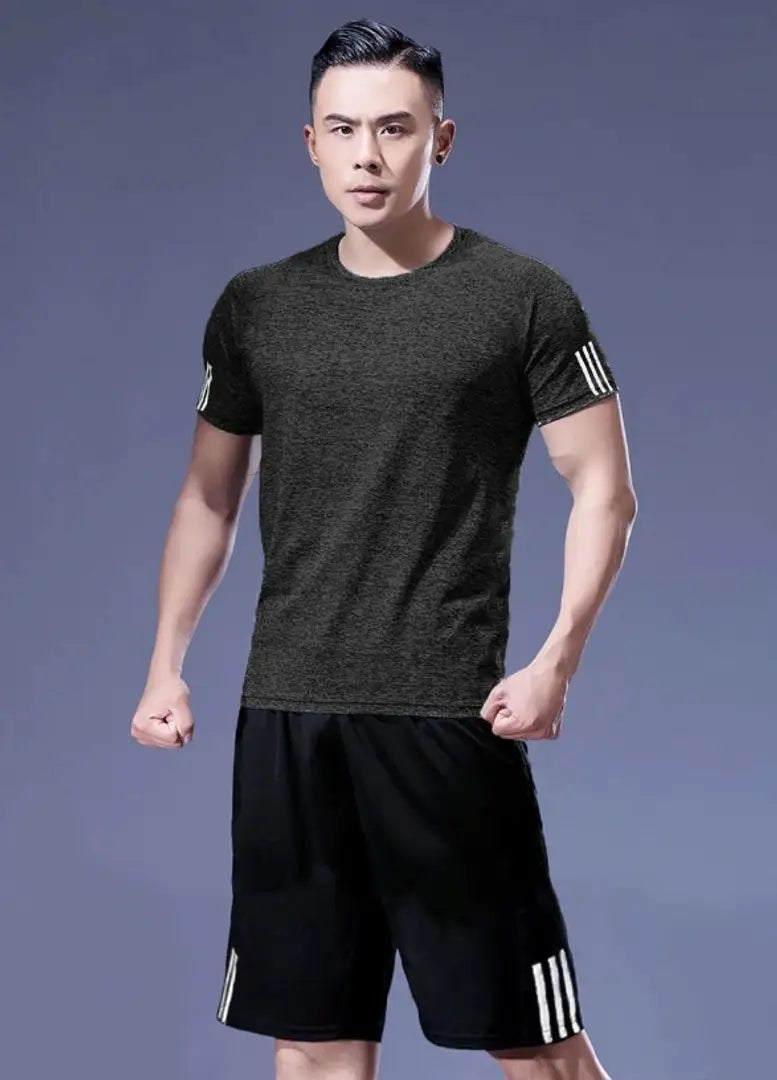 Men's Grey Polyester Striped Regular Fit Track Vests and Pants