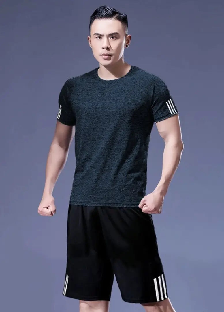 Men's Navy Blue Polyester Striped Regular Fit Track Vests and Pants