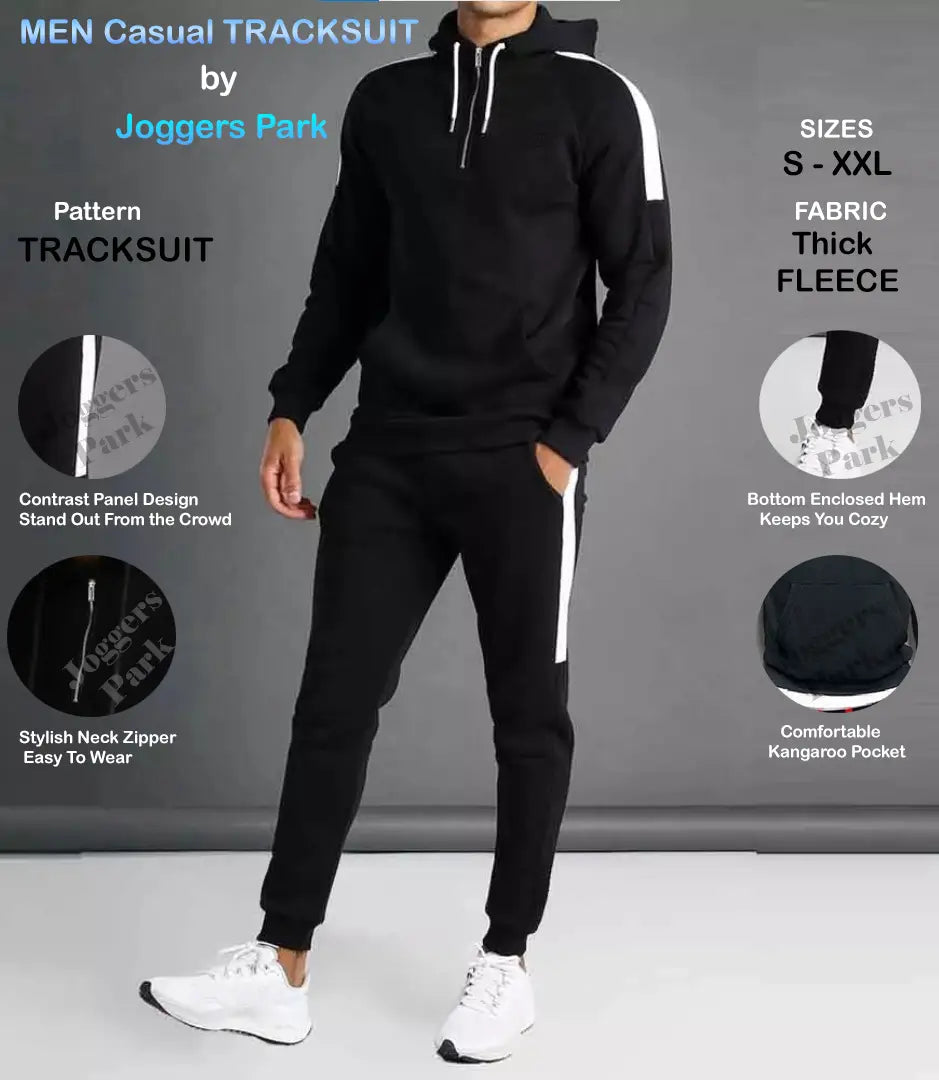 Fabulous Black Polycotton Solid Tracksuit For Men