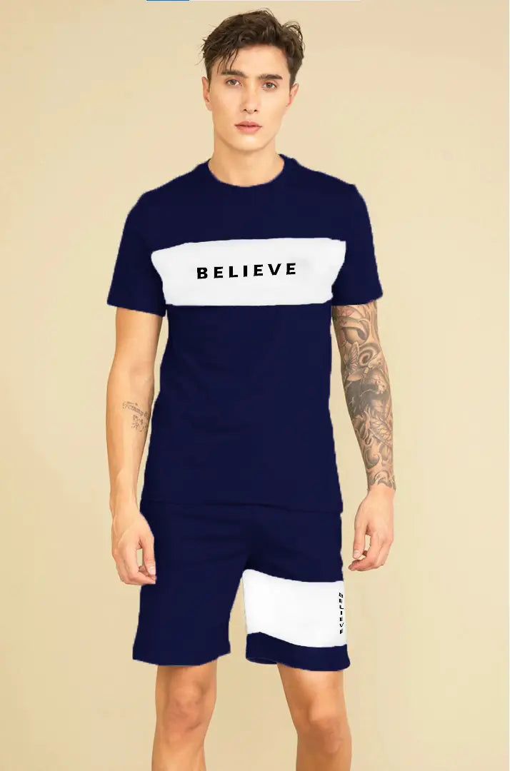 Fabulous Navy Blue Polycotton Printed Sports Tees with Shorts Set For Men