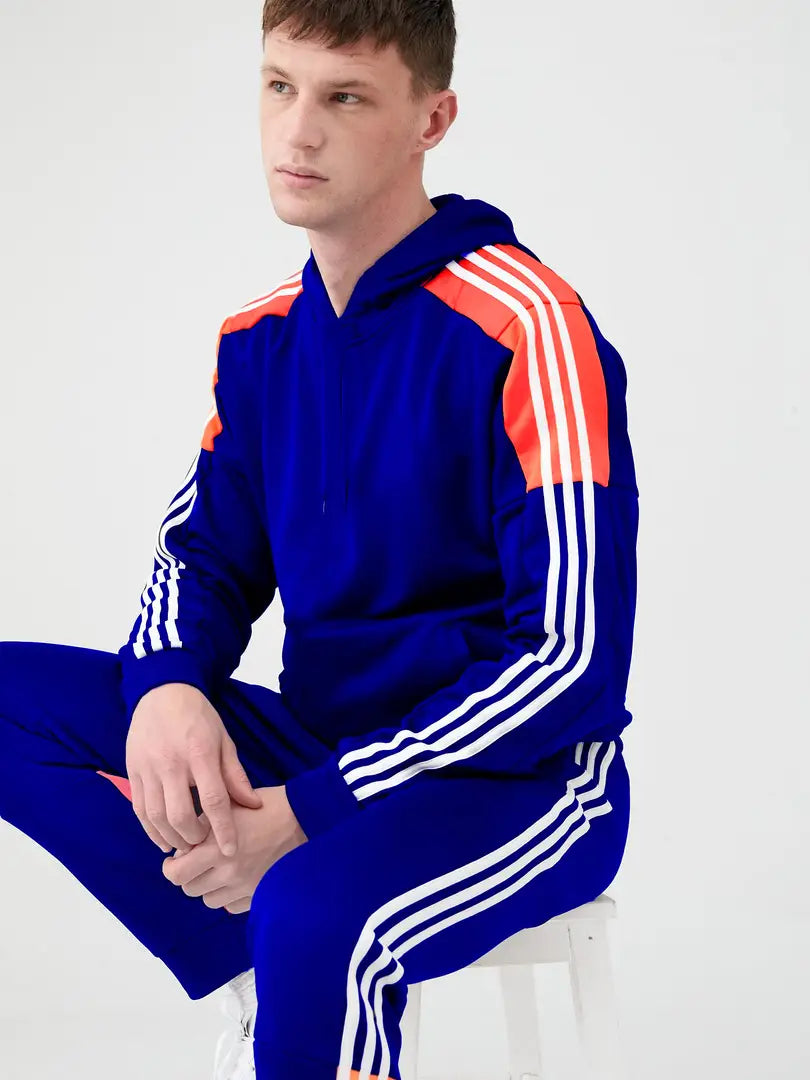 Fabulous Blue Fleece Striped Tracksuits For Men