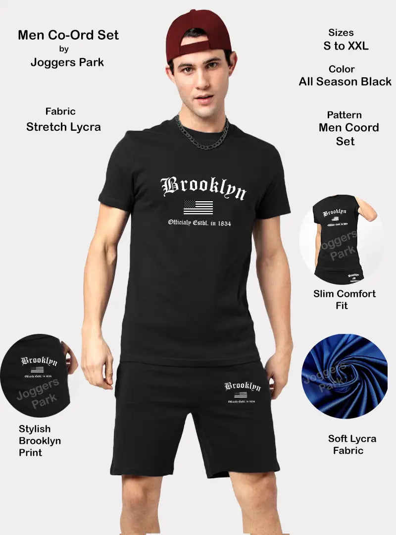 Fabulous Black Polyester Printed Sports Tee with Short For Men