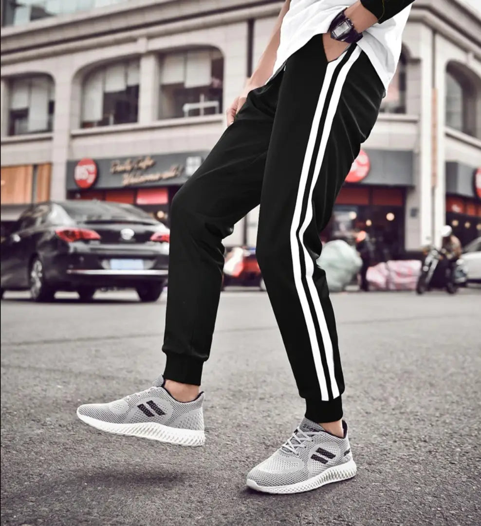 Stylish Black Cotton Blend Striped Joggers For Men
