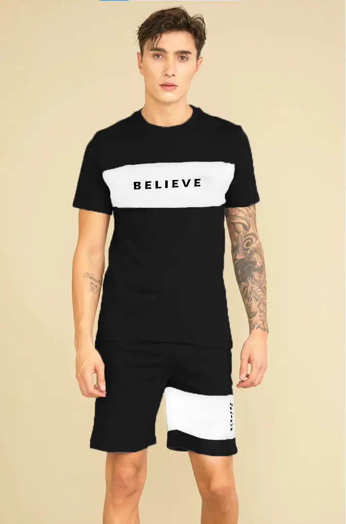 Fabulous Black Polycotton Printed Sports Tees with Shorts Set For Men