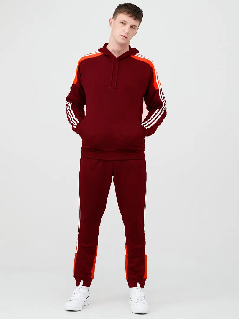 Fabulous Maroon Fleece Striped Tracksuits For Men