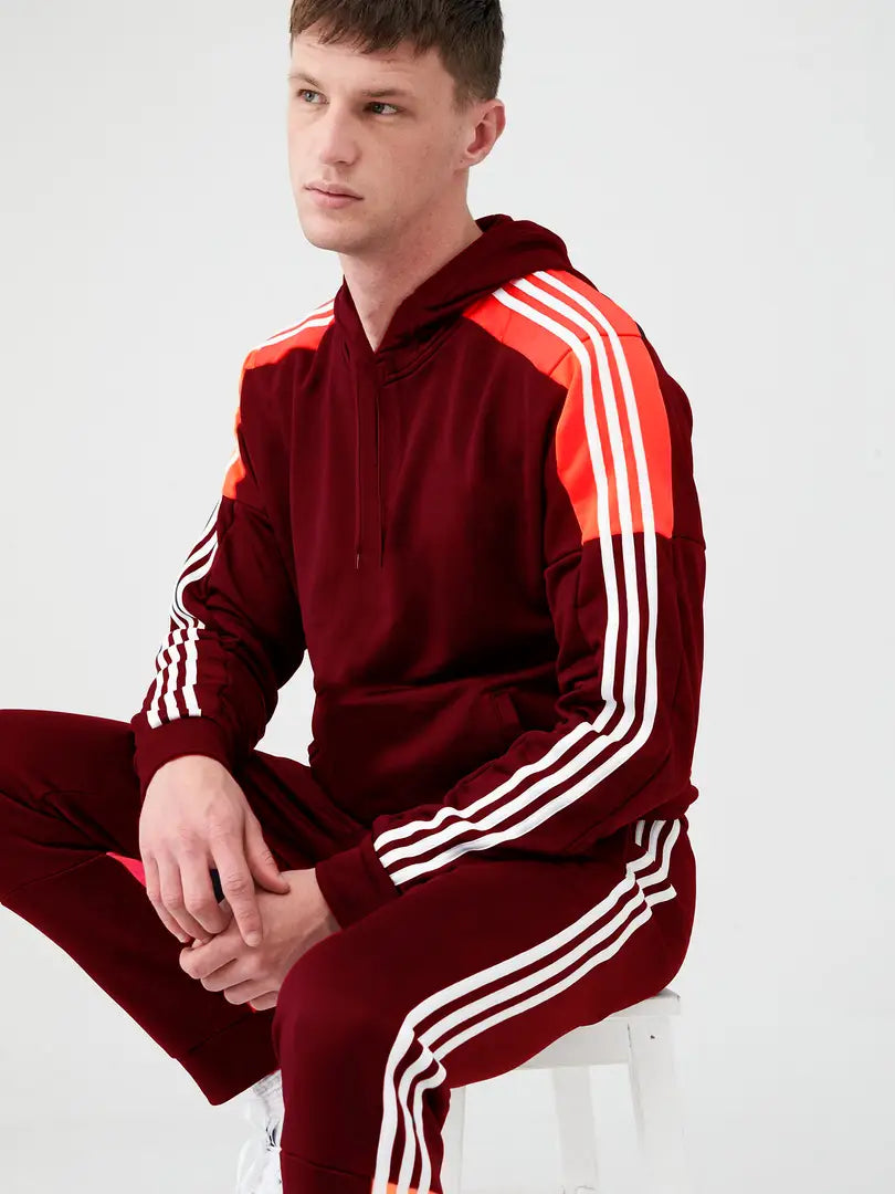 Fabulous Maroon Fleece Striped Tracksuits For Men