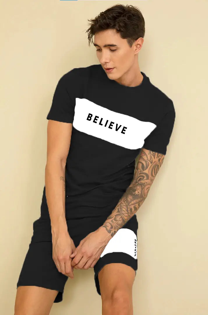 Fabulous Black Polycotton Printed Sports Tees with Shorts Set For Men