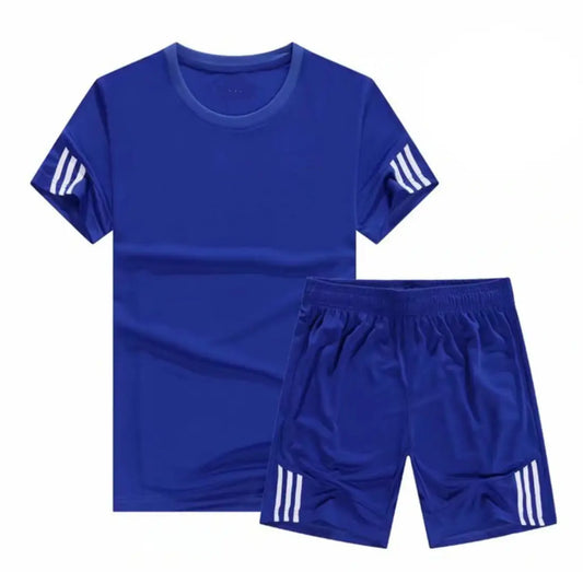 Fabulous Blue Polycotton Striped Sports Tees with Shorts Set For Men