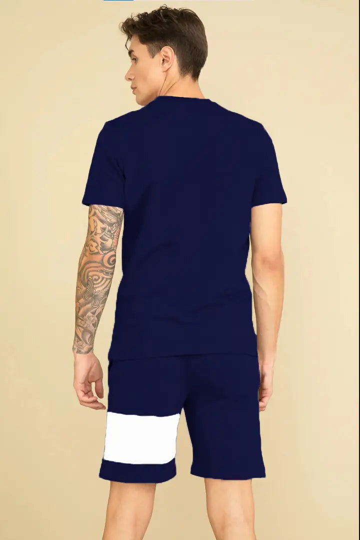 Fabulous Navy Blue Polycotton Printed Sports Tees with Shorts Set For Men