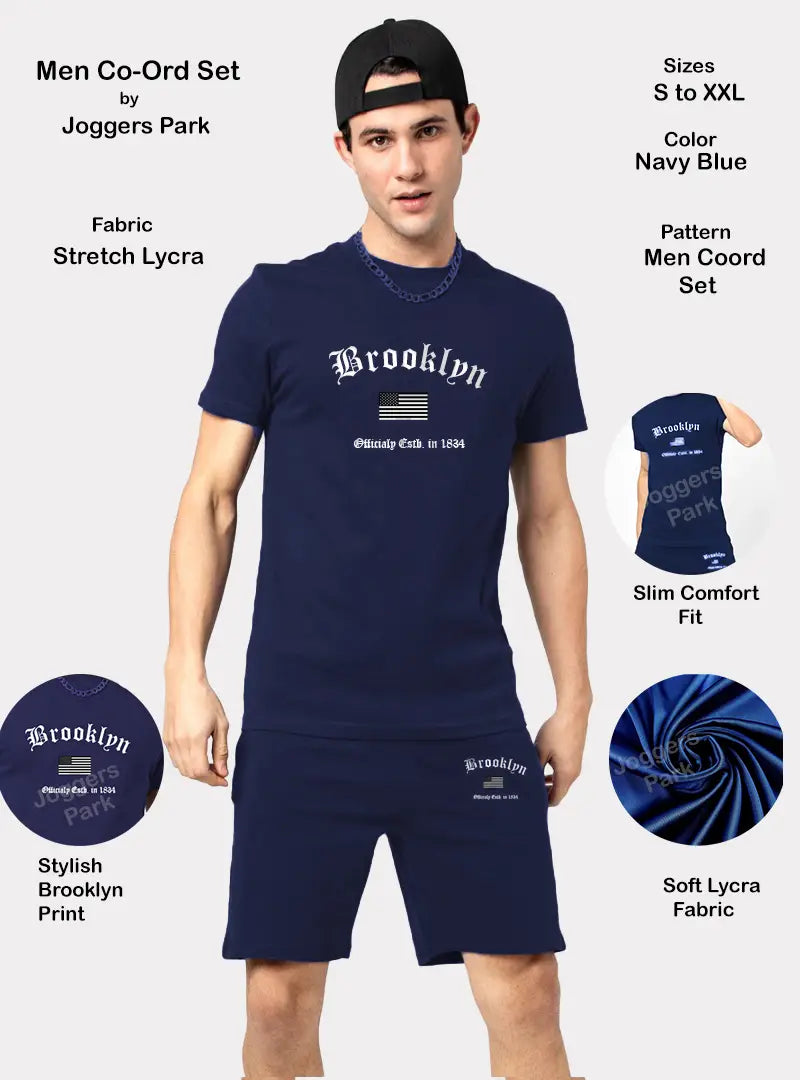 Fabulous Navy Blue Polyester Printed Sports Tee with Short For Men