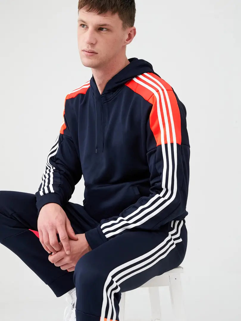 Fabulous Navy Blue Fleece Striped Tracksuits For Men