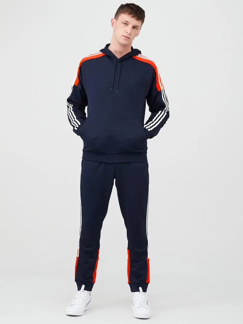 Fabulous Navy Blue Fleece Striped Tracksuits For Men