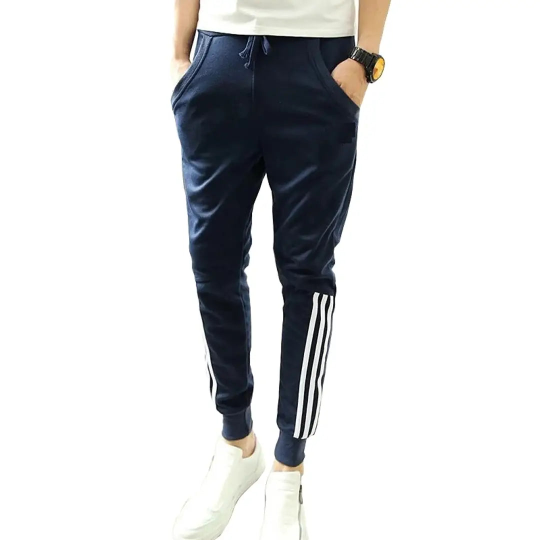 Stylish Navy Blue Cotton Blend Striped Joggers For Men